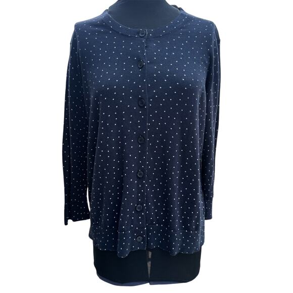 LOFT Women XL Cardigan Sweater Navy Blue White Polka Dot 3/4 Sleeve Preppy‎ Work - Picture 1 of 11
